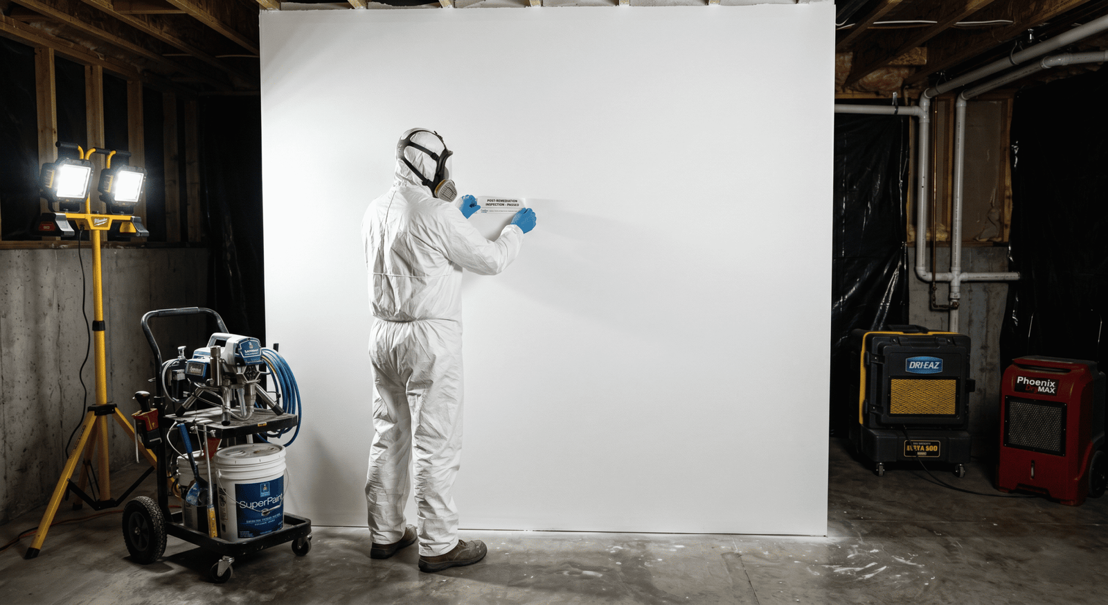 Black Garland mold remediation — Stachybotrys growth on water-damaged drywall under elevated containment