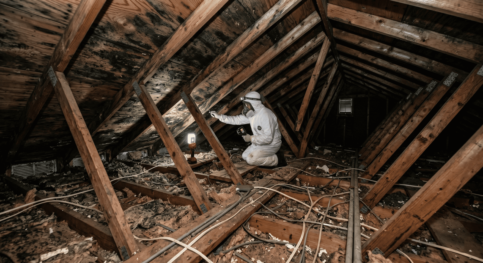 Mold on floor joists in a pier-and-beam crawl space beneath an East Garland home