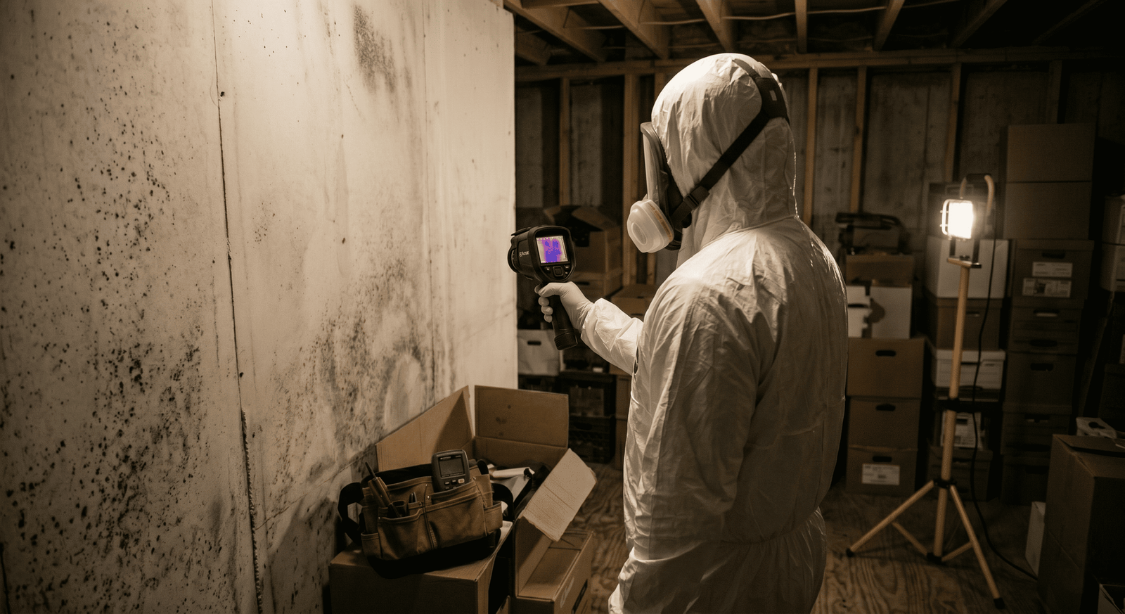 Technician in PPE running negative air and HEPA filtration during Garland mold remediation TX project